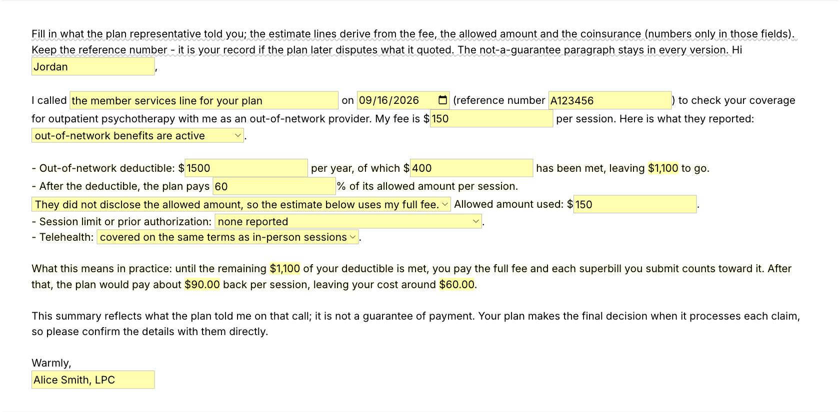 Text Blaze pop-up for the /benefits template: deductible, coinsurance and an estimated reimbursement per session