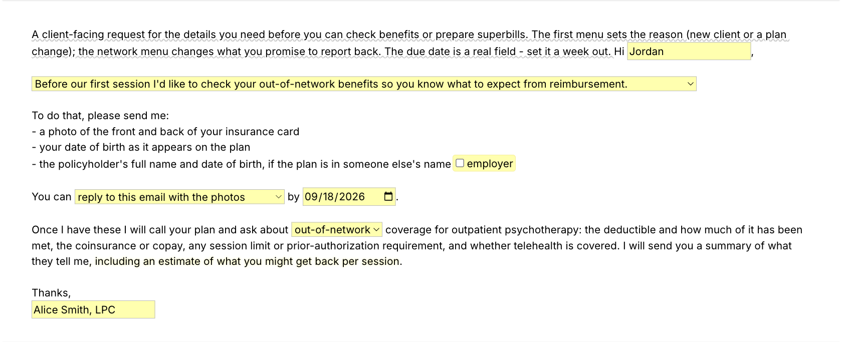 Text Blaze pop-up for the /verify template: an email asking the client for card and member details